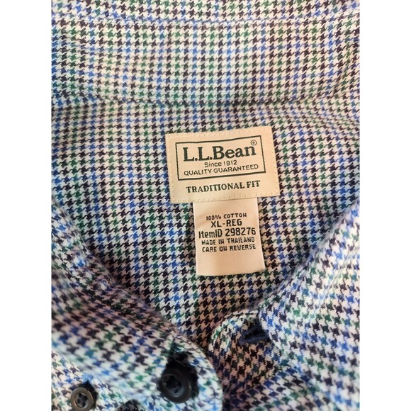 GUC LL Bean XL Long Sleeve Button Down Blue Black Green Houndstooth 298276 - Picture 4 of 6